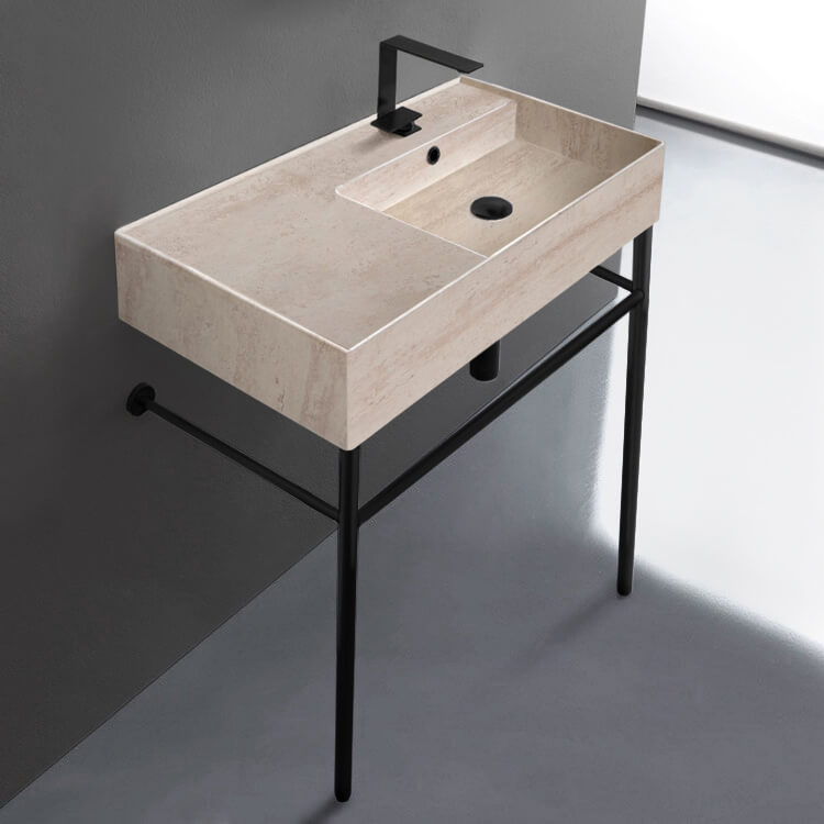Scarabeo 5118-E-CON-BLK-One Hole Beige Travertine Design Ceramic Console Sink and Matte Black Stand